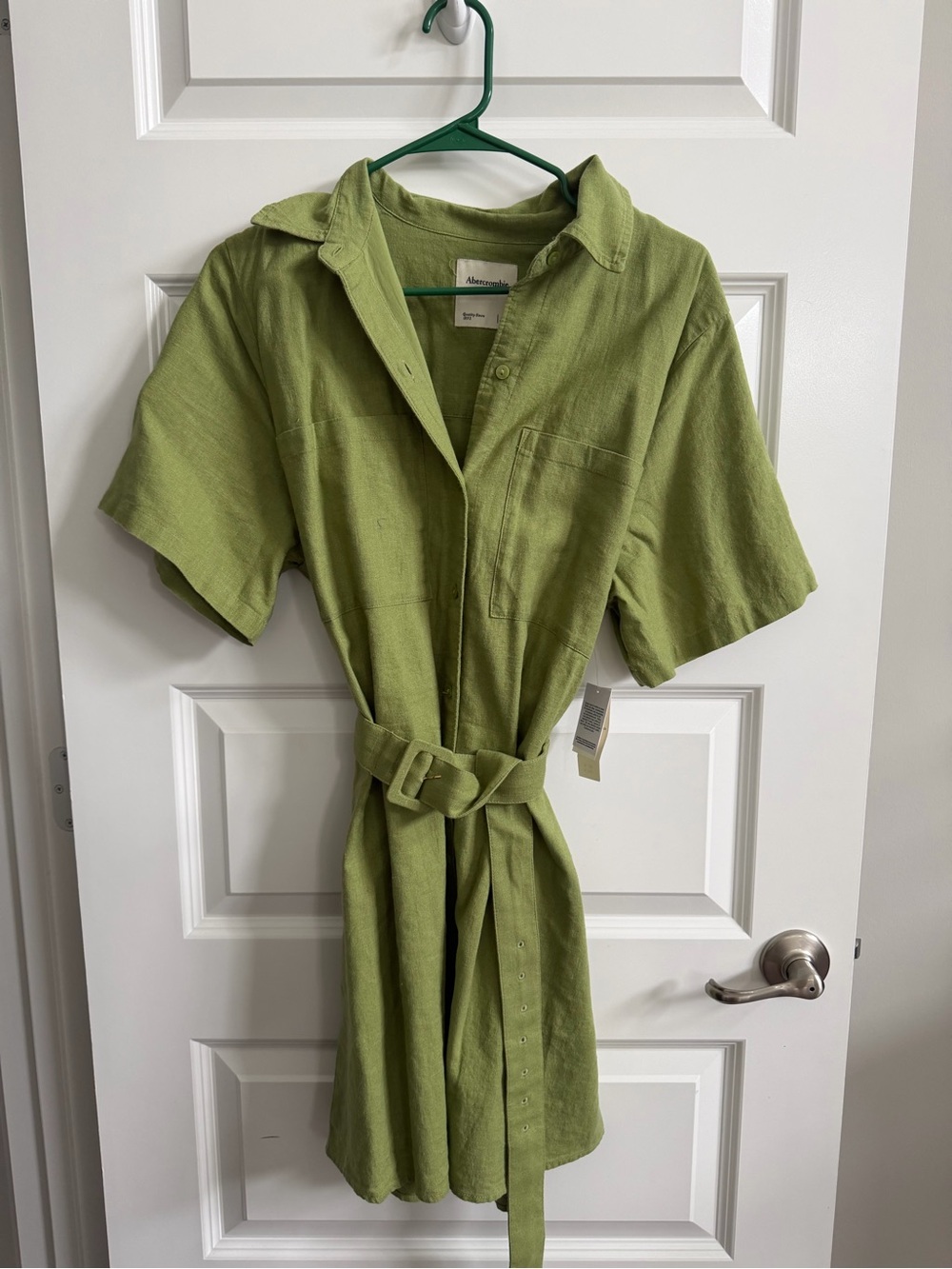 NWT Abercrombie & Fitch Olive Green Short Sleeve Linen Shirt Dress with Belt